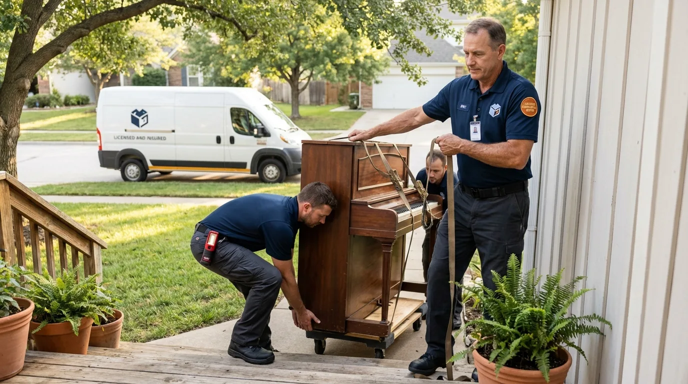 Licensed piano movers securing grand piano in Guthrie Center, IA