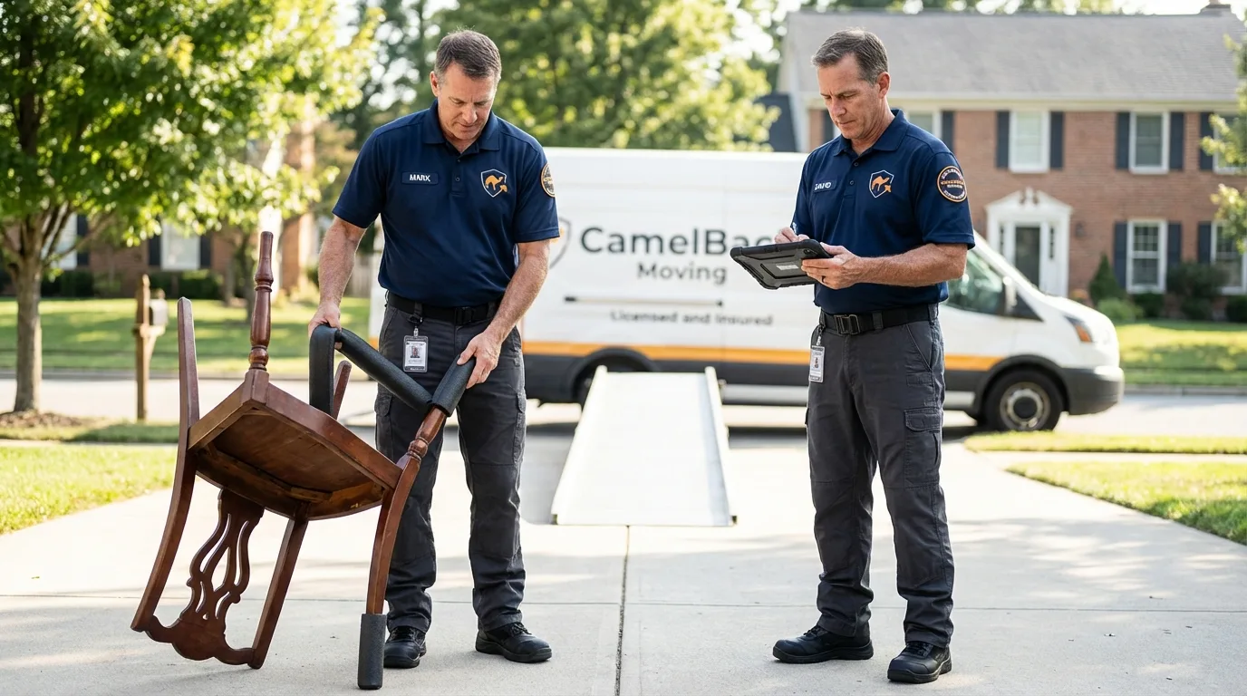 Movers inspecting furniture for damage prevention before loading in Guthrie Center, IA