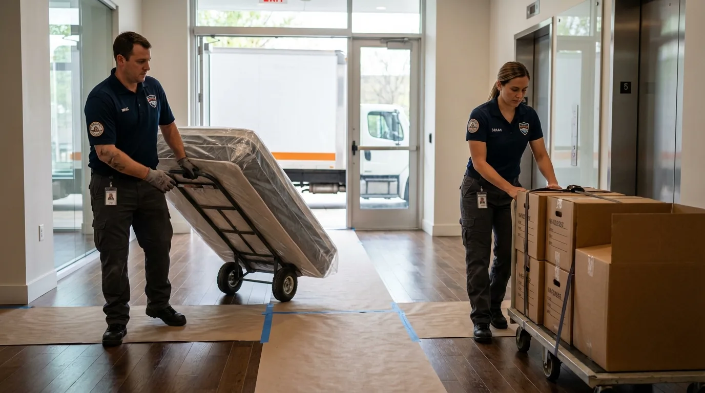 Professional apartment movers loading elevator in Guthrie Center, IA