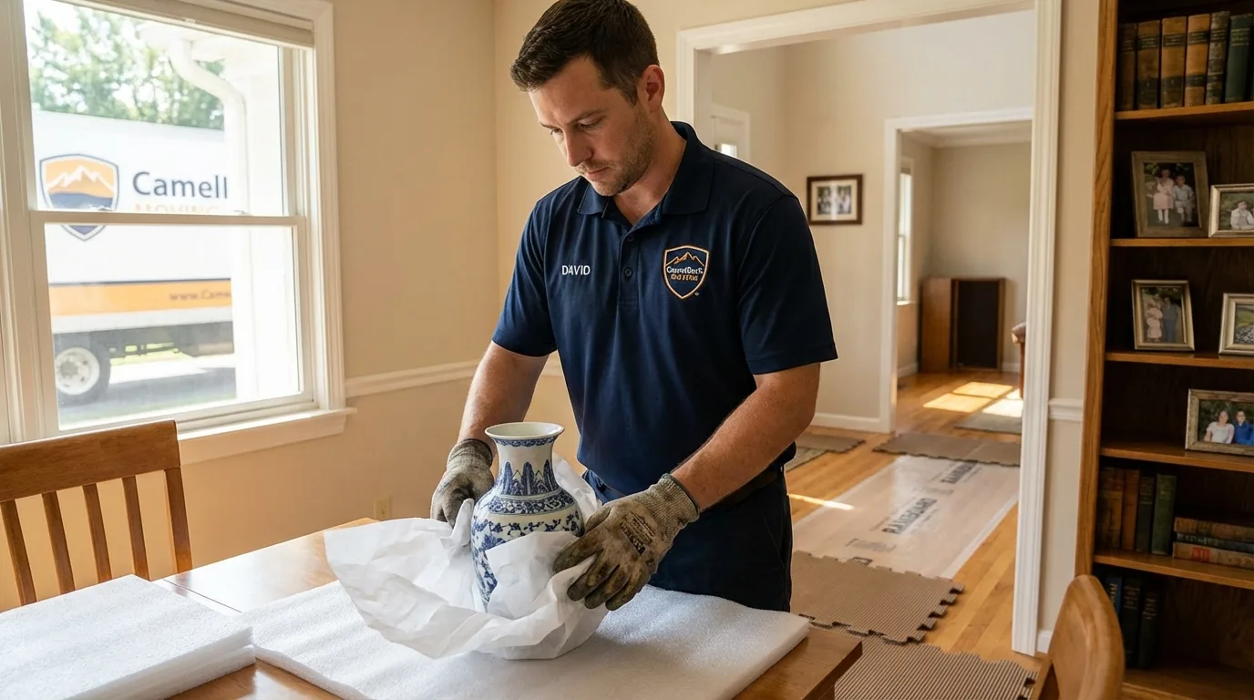 Professional crew carefully wrapping antique vase for senior downsizing move in Guthrie Center, IA